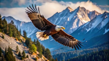 Fototapeta premium Bald Eagle Soaring Over Majestic Mountain Range