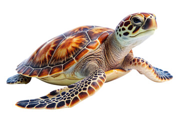 A beautifully detailed sea turtle with a stunning shell pattern and intricate scales. It appears lifelike, with a serene expression as it glides, on a transparent background