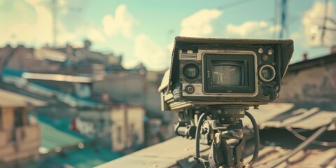 Fototapeta premium Retro Outdoor Broadcast Television Camera Installed on a Rooftop