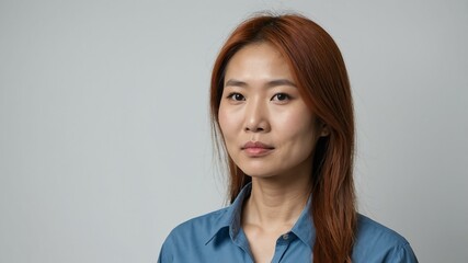 Fototapeta premium adult red hair asian woman in blue shirt model portrait standing straight on a plain white background for ad concept space for text