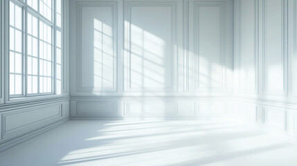 Obraz premium A white room with white paneled walls and a window, light shadows, and sun rays