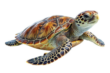 An angle of the lifelike sea turtle on a transparent background, showcasing its detailed, richly patterned shell and smooth flippers, emphasizing its grace and natural beauty