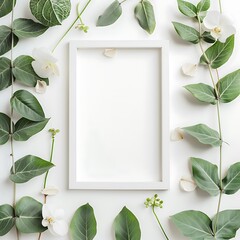 Elegant interior mockup showcasing a wooden framed poster on a minimalist white wall, adorned with greenery