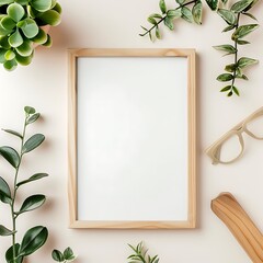 Elegant interior mockup showcasing a wooden framed poster on a minimalist white wall, adorned with greenery
