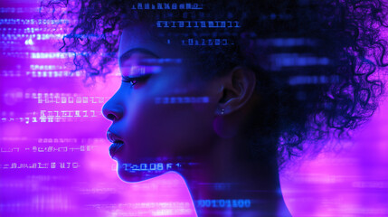 A close up of the face outline of an African American female AI profile, a digital interface covered with binary code and technical image, the subject of AI cybersecurity threat