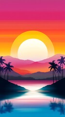 Fototapeta premium Colorful digital artwork of a tropical sunset over a serene lake with palm trees and mountains, reflecting vibrant hues in the water.