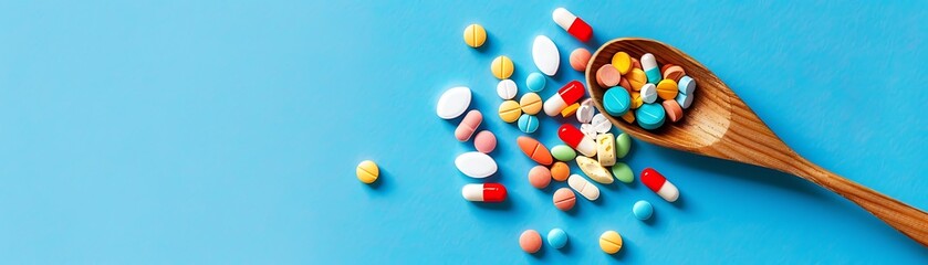 Spoon with medications, supplements, and drugs on blue background