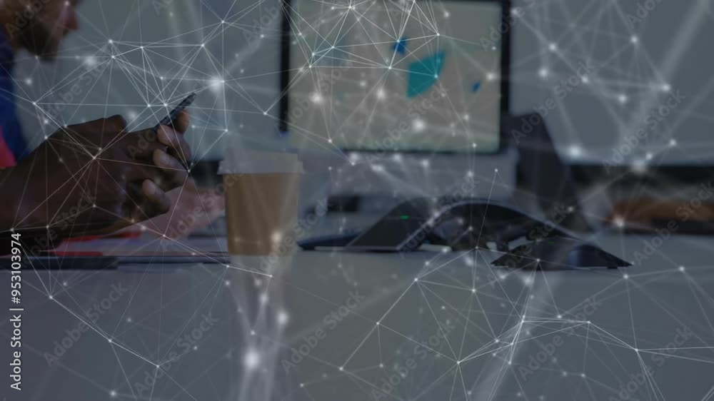 Poster using smartphone in office, network of connections and data processing animation