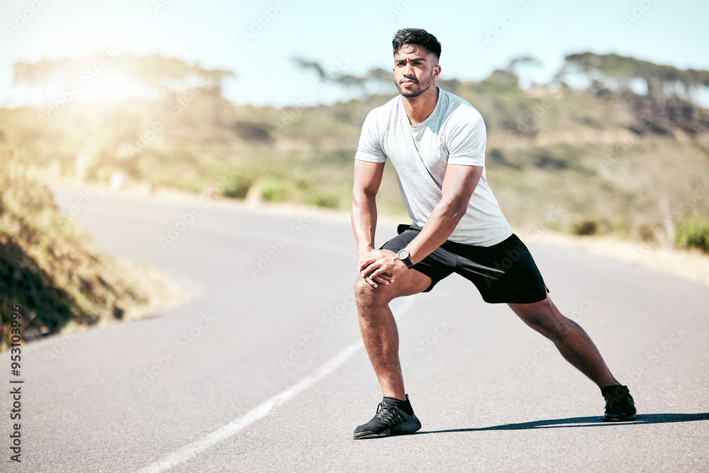 Poster Man, stretching and thinking with exercise in nature for training, workout and warm up in morning. Athlete, fitness and person with flexibility for muscle, wellness and preparing for run by mountain