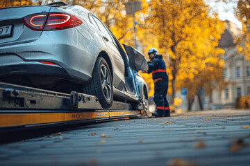 Loading a broken car onto a tow truck on the roadside
