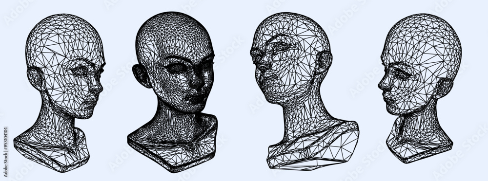 Poster a set of 3d heads made of mesh. illustration in techno futuristic style.