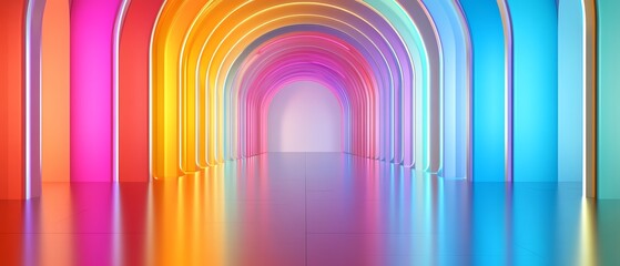 Vibrant, colorful modern art installation with a series of illuminated arches creating a rainbow tunnel effect, reflecting on polished surfaces.