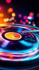 Vibrant spinning vinyl record with colorful lights, representing nostalgic music with a dynamic and energetic feel in a retro setting.