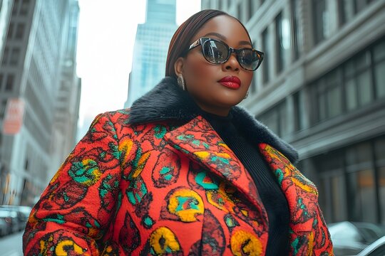 Confident Plus Size Model Embracing Self in Vibrant City Streetscape