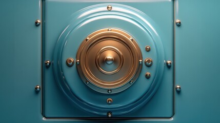 3D illustration of an empty bank depositary safe box isolated on a blue background