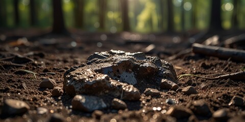 Close-up view of a meteorite on dirt soil in a forest