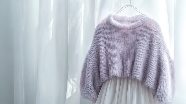 Cozy Lavender Sweater & Flowing Silk Skirt: A Perfect Poster for Soft, Minimalist Bedroom Aesthetic with Morning Light Ambience
