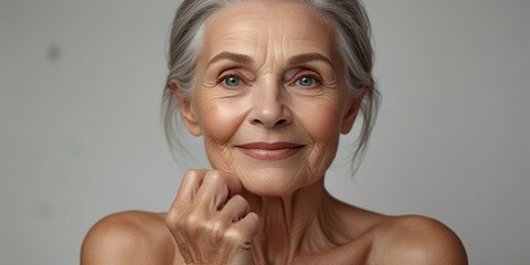 A smiling middle-aged woman, 50 years old, applies anti-aging skin cream, rubbing moisturizer onto her face while standing against a grey background
