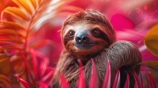 Sloth Peeking Over Pastel Background for Creative Animal Concept - Perfect for Advertisements, Banners, and Invitations with Copy Text Space for Birthday Parties - Powered by Adobe