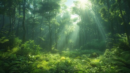 Obraz premium A serene forest with a diverse range of plant species, representing biodiversity and ecological sustainability