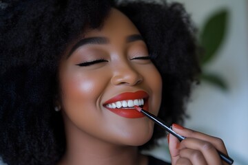 Obraz premium Confident plus size woman applying bold lipstick embracing self expression through makeup