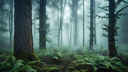 Fototapeta premium Misty Morning: Forest in Dawn's Light