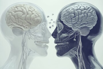 Obraz premium Two transparent heads with visible brain structures symbolizing the transparency of thought intellectual openness and mental clarity