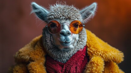 Obraz premium Funky Fashion Llama/Alpaca: Stylish Animal Poses as Supermodel in Cool Dress Jacket, Tie, Glasses, with Wide Banner for Text