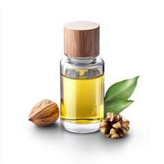 A clear glass bottle of walnut oil with a wooden cap, accompanied by a walnut, green leaves, and pinecone on a white background.