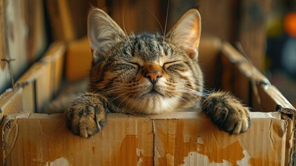 Smiling Feline Poses on Cardboard for Hilarious Photo Op