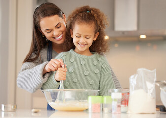 Mixing, mom or girl child baking with help, lesson or food for learning to prepare ingredients in home. Happy parent, dessert or mother teaching kid cooking skills for development or breakfast recipe