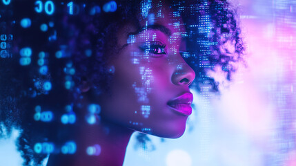 A close up of the face outline of an African American female AI profile, a digital interface covered with binary code and technical image, the subject of AI cybersecurity threat