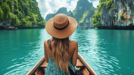 Traveler woman on boat with camera joy nature scenic landscape, Female traveler happy vacation tourism