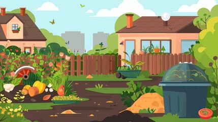 Obraz premium Community composting, neighborhood compost bins, flat design illustration