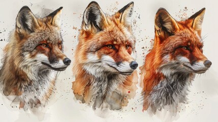 Obraz premium Hand-Drawn Watercolor Animal Portraits: Wolf, Fox, Bear, and Rabbit Heads
