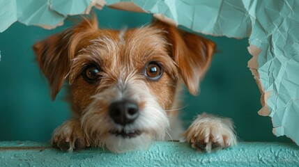 Jack Russell Terrier's Nose Pops Through Torn Paper on Mint Background