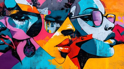 Obraz premium Vibrant street art mural in a bustling city with colorful graffiti bright colors and diverse people bold lines and strong 3D elements