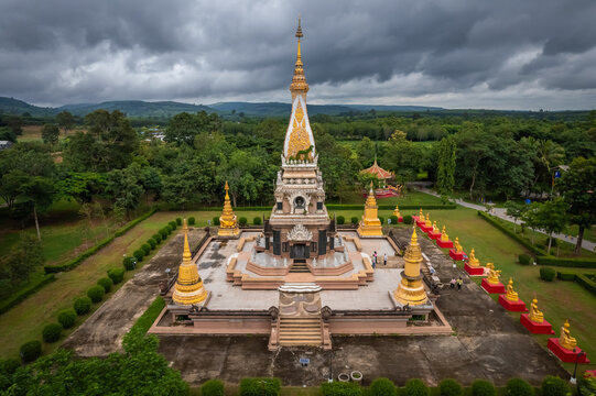Aerial view of the beautiful pagoda at Wat Phra That Ket Kaeo Chulamni, Chaiyaphum, Thailand