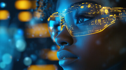 AI cyber security threat illustration, female african american IT specialist analysing futuristic holographic data information. Augmented reality artificial intelligence collage, side profil