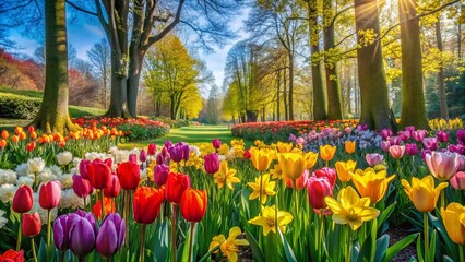 Vibrant tulips and daffodils bloom in a lush garden surrounded by towering trees on a sunny spring morning