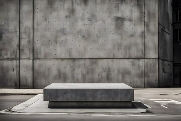 A podium with a rough concrete texture set against a gritty urban street scene, AI Generated
