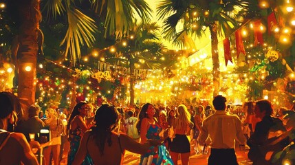 Fototapeta premium A vibrant outdoor party scene filled with people, lights, and palm trees, capturing a festive atmosphere.
