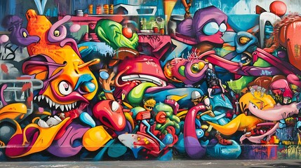Fototapeta premium Urban street mural with vibrant graffiti bright colors and diverse people interacting with the artwork bold and edgy style with detailed 3D-rendered elements