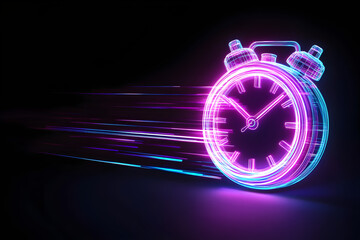 Neon wireframe stopwatch icon isolated on black background.