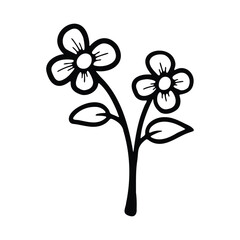 A black and white line art drawing of a flower stem with two blossoms and leaves © kura