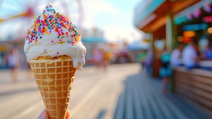 Ice cream cone with rainbow sprinkles on blurred fairground background showcasing summer dessert and carnival atmosphere concept