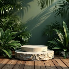 Fototapeta premium cosmetic background product podium display wood jungle studio garden beauty platform presentation pedestal stone tropical