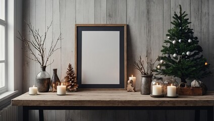 Mock Up Poster Frame in Interior Scandinavian Christmas and Winter Decoration