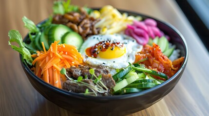 Colorful bibimbap bowl with fried egg vegetables and rice showcasing Korean cuisine and healthy eating concept in black ceramic dish