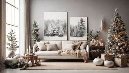 Mock up wall Christmas interior. Scandinavian style. Wall art